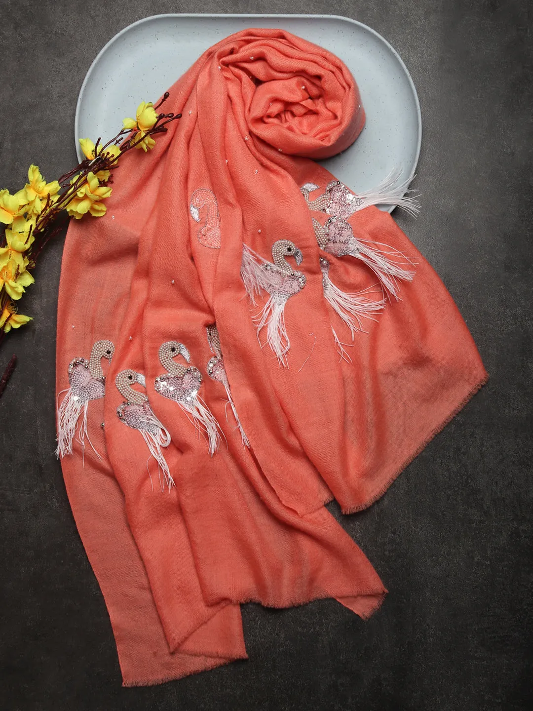 Peach Pure Pashmina Shawl with Feather Bird design, 100% pashmina shawl online