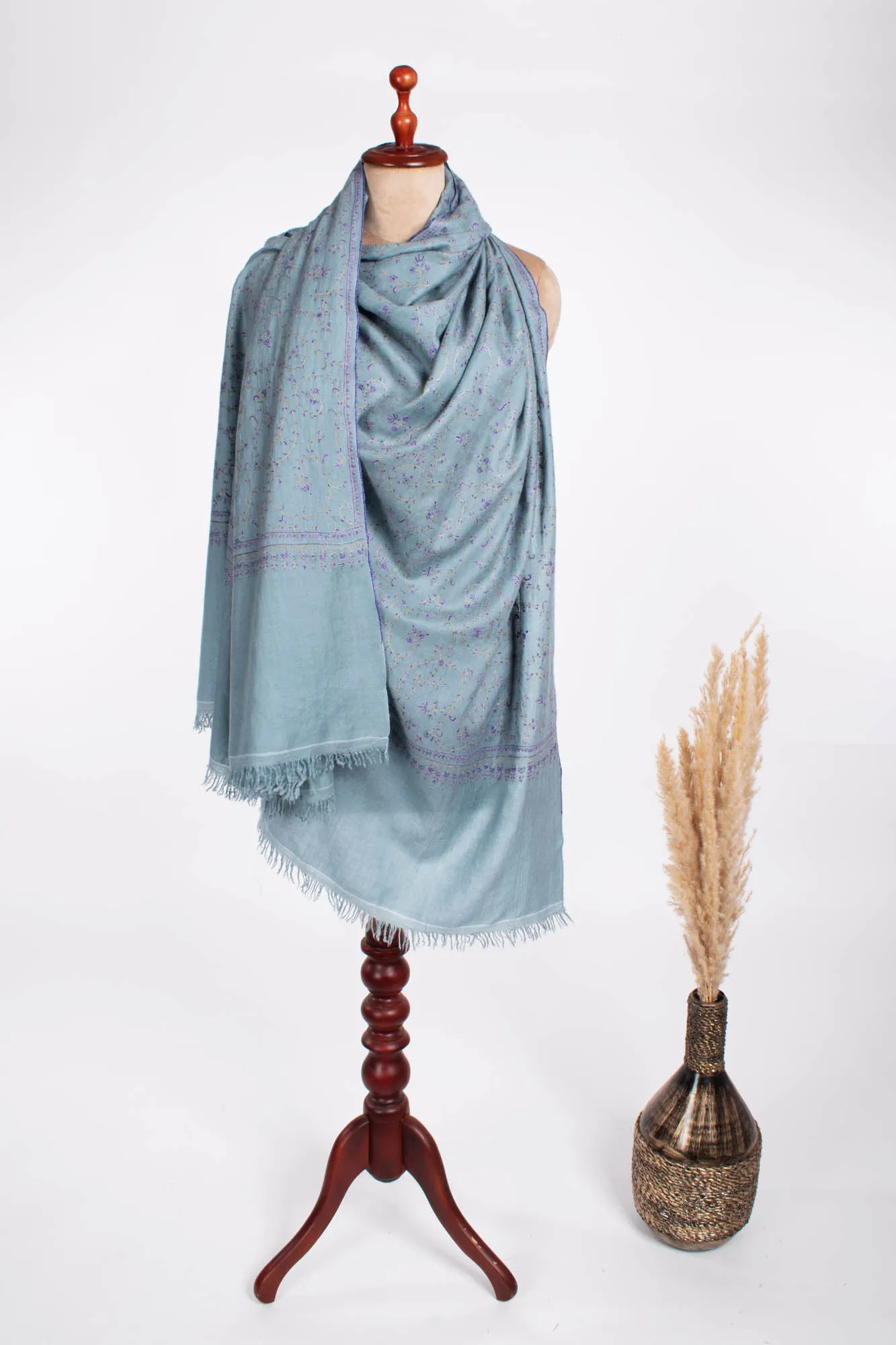 Power Blue Artistic Kashmiri Pashmina Shawl - KETCHIKAN