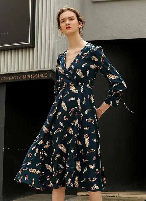 Printed V Neck Long Sleeve Beach Maxi Dress