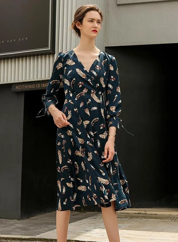 Printed V Neck Long Sleeve Beach Maxi Dress