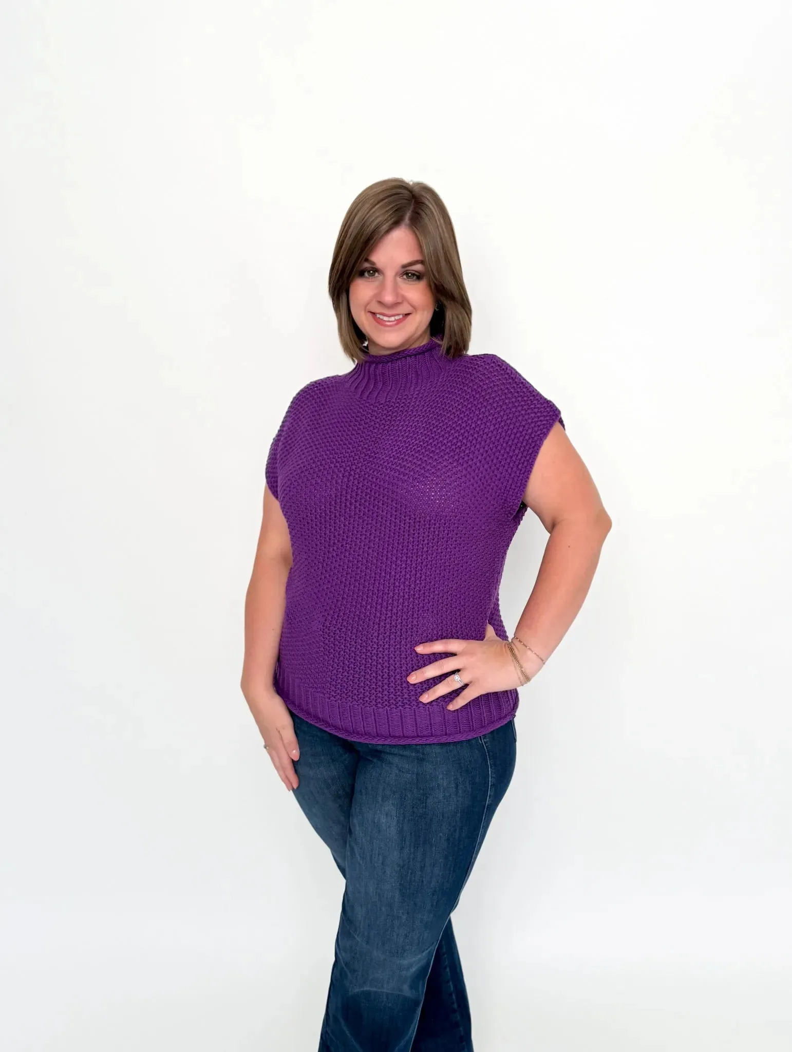 Purple Cap Sleeve Mock Neck Sweater