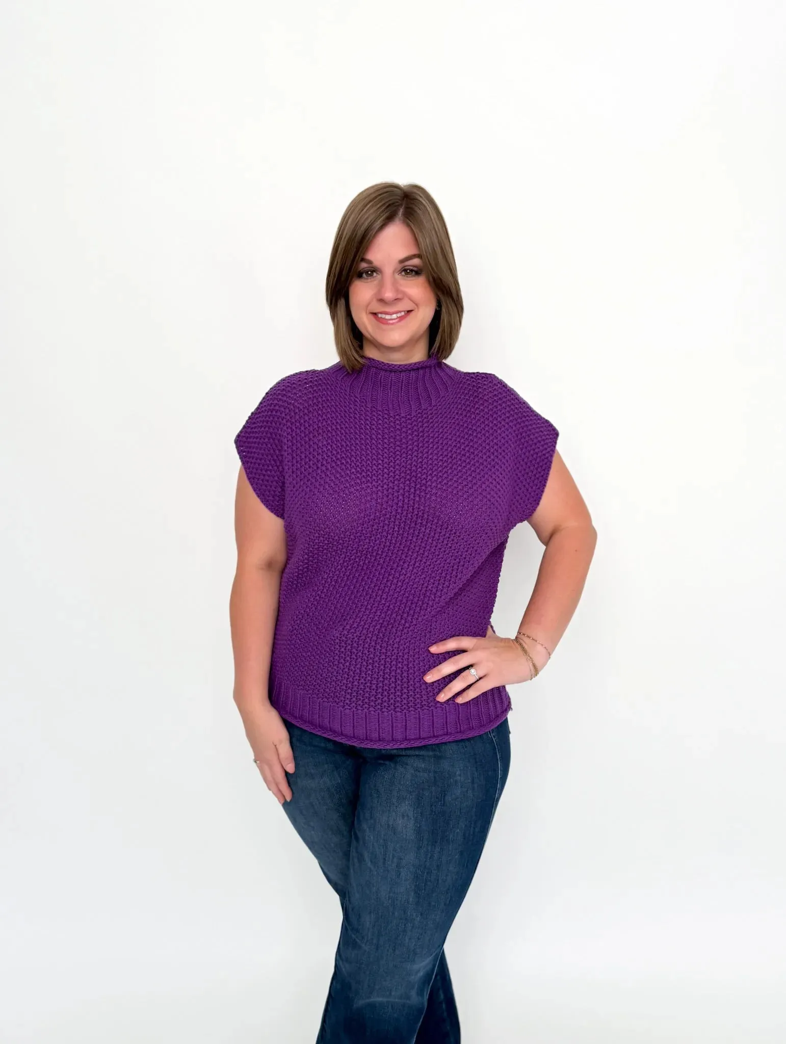 Purple Cap Sleeve Mock Neck Sweater