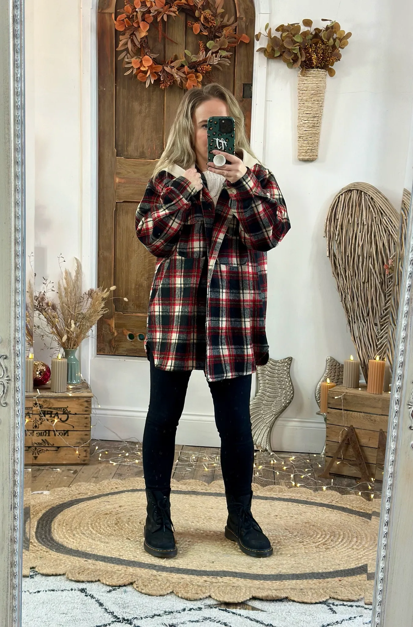 Red & Black Brushed Check Hooded Shacket