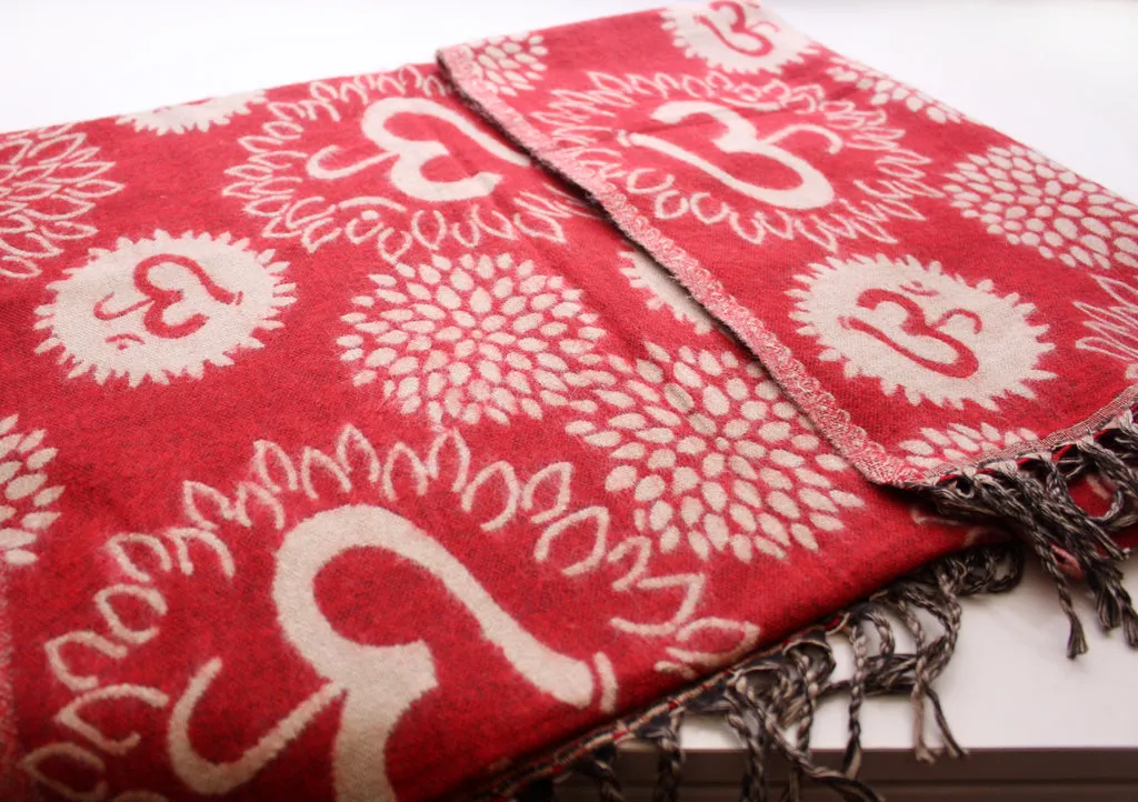 Red Color Hindu OM Printed Hand Loomed Himalayan Yak Wool Shawl