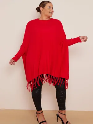 Red Oversized Tassel Edge Luxe Jumper