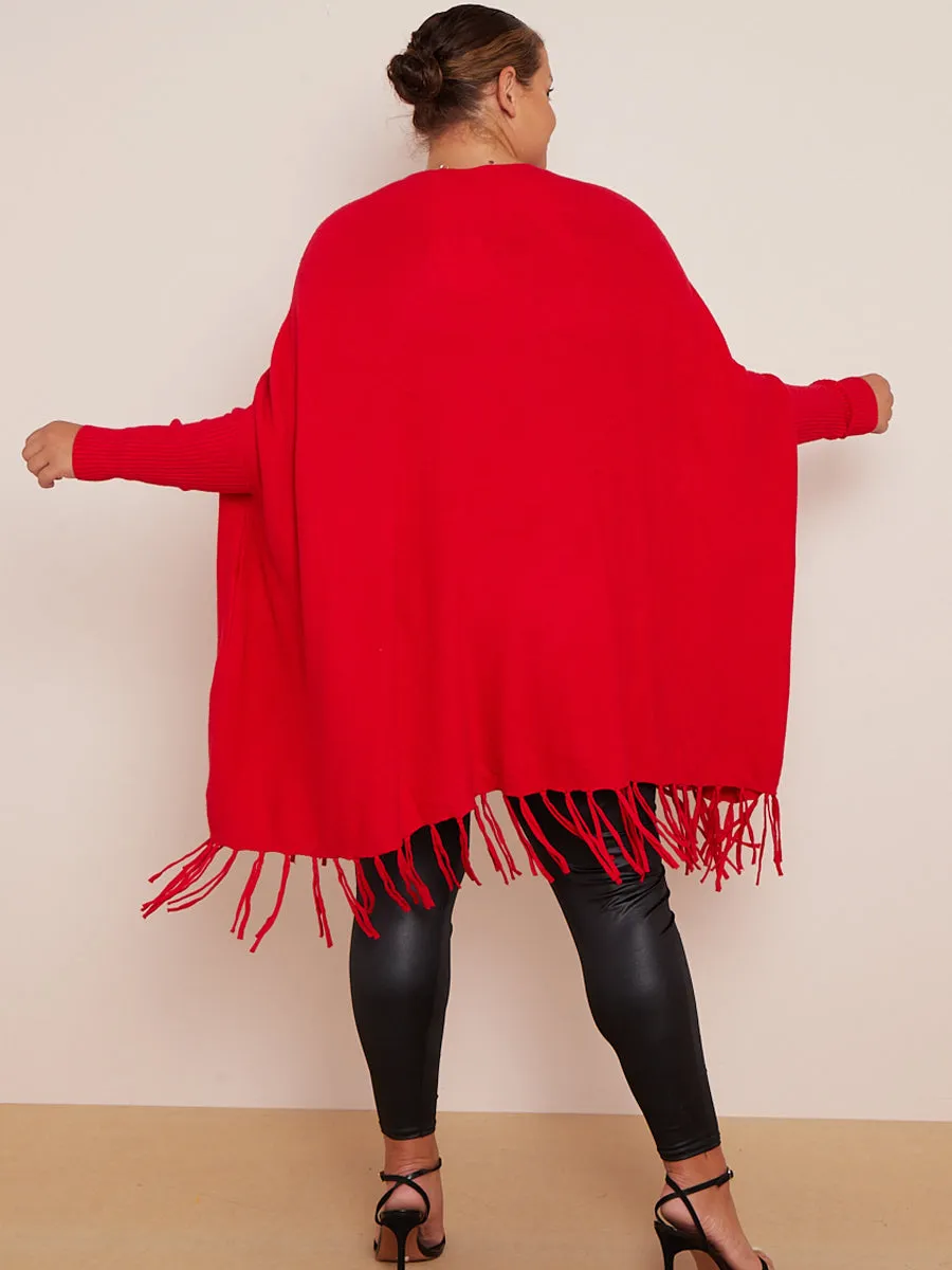 Red Oversized Tassel Edge Luxe Jumper