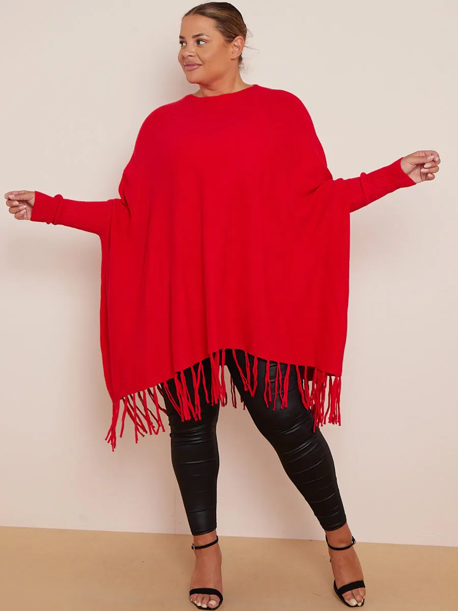 Red Oversized Tassel Edge Luxe Jumper