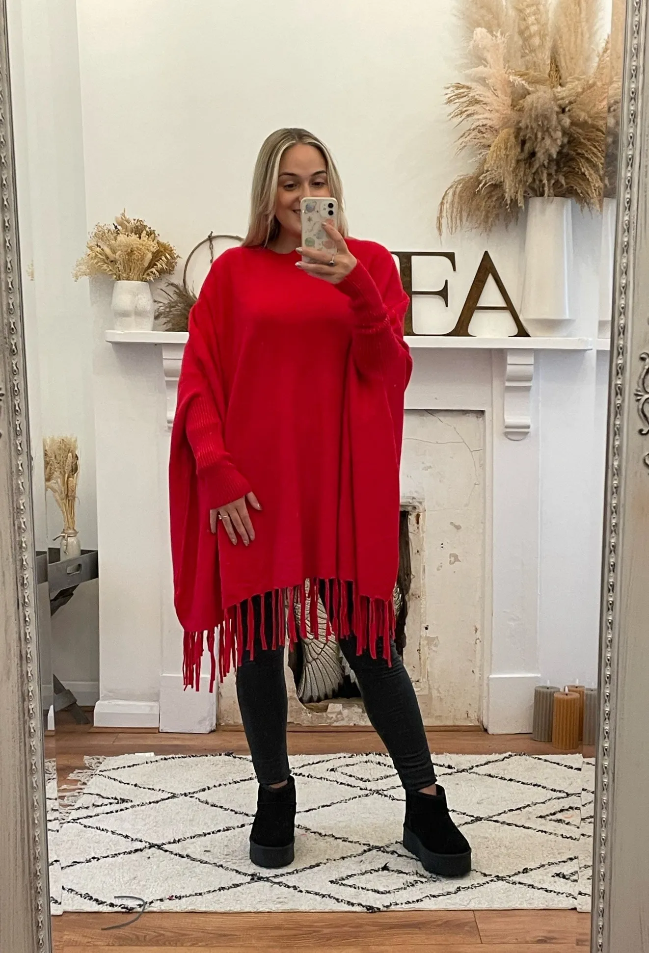 Red Oversized Tassel Edge Luxe Jumper