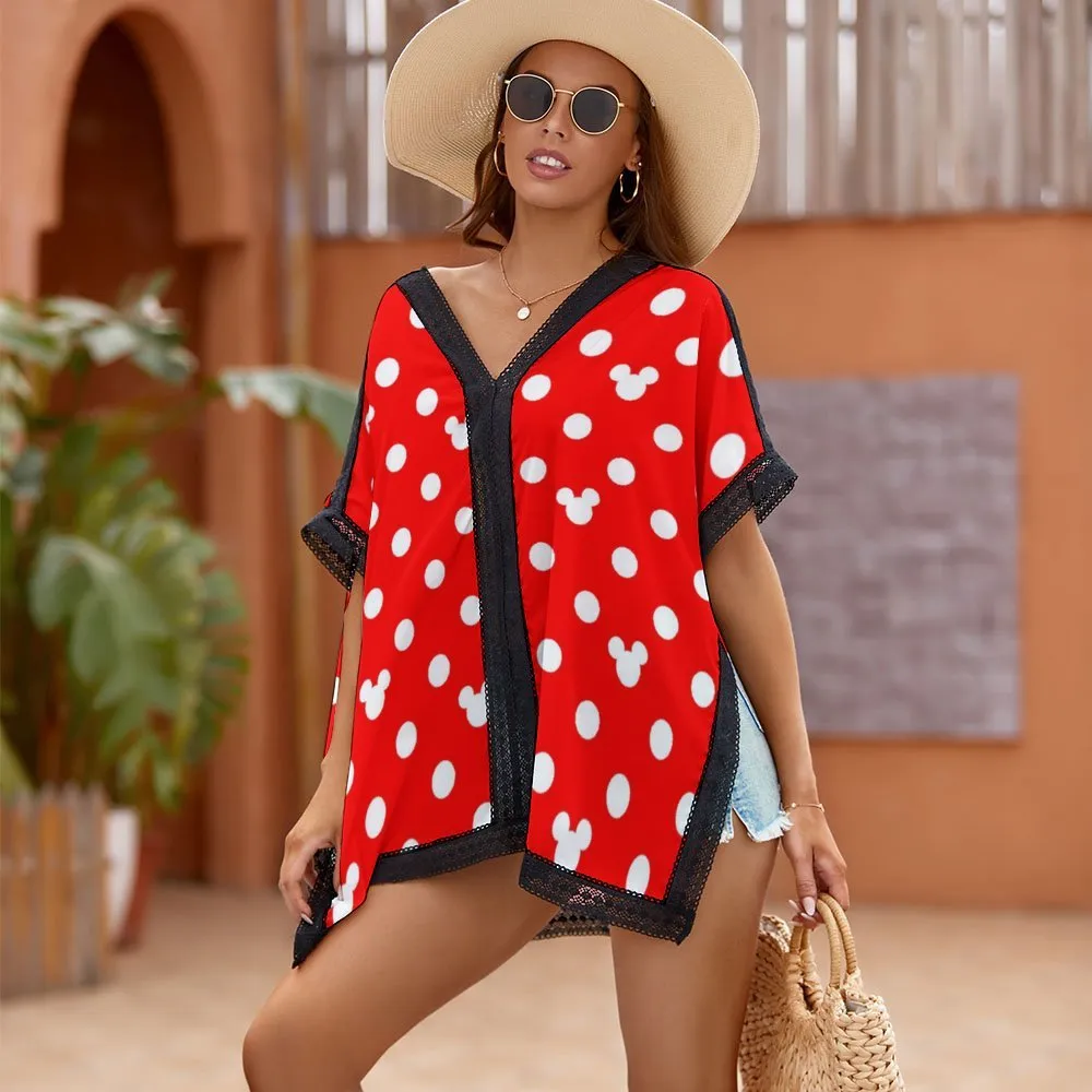 Red With White Mickey Polka Dot Women's Swimsuit Cover Up