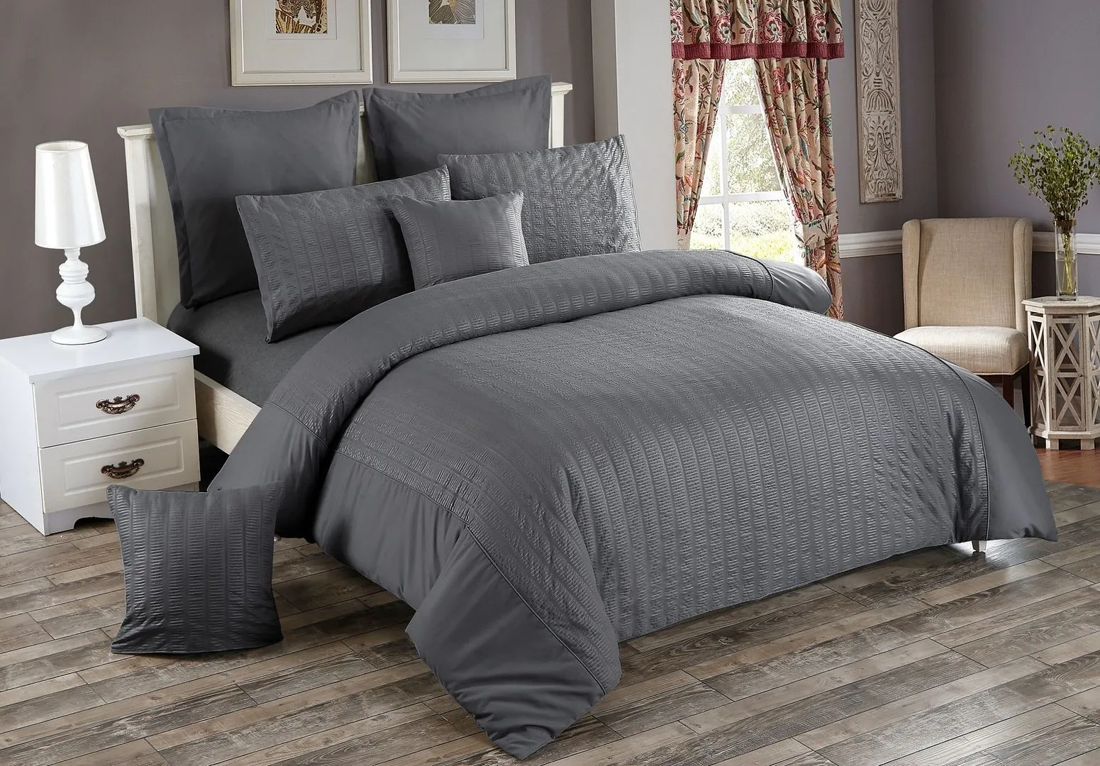 Seersucker Double Size Charcoal Duvet Quilt Cover Set