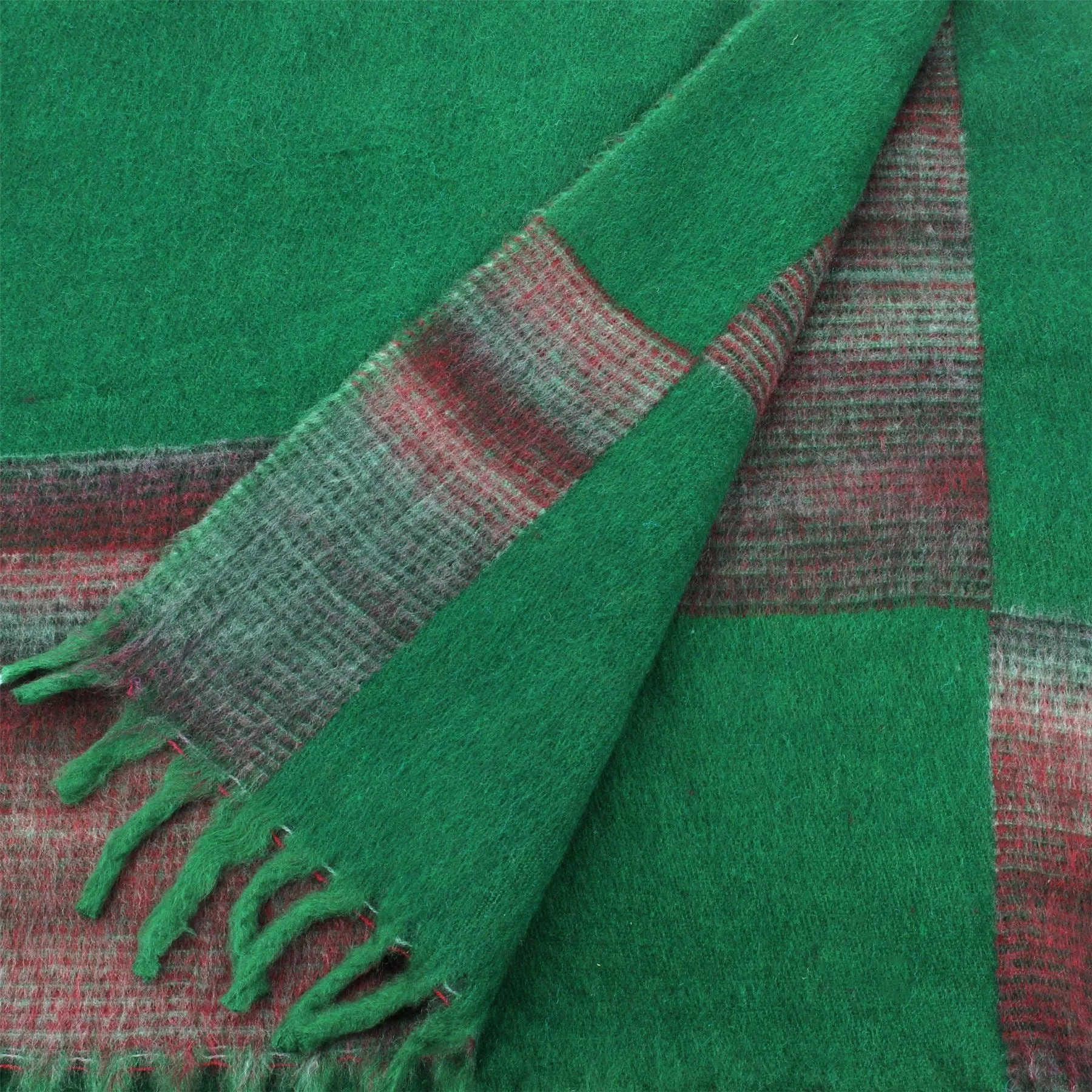 Tibetan Wool Blend Shawl Blanket - Green with Maroon & Grey Reverse