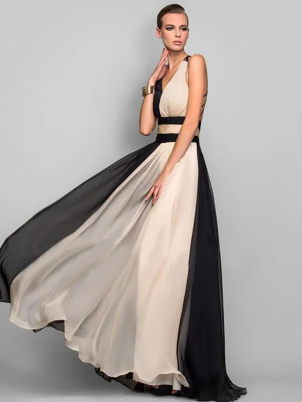 Two-color Sleeveless V-Neck Maxi Evening Dress