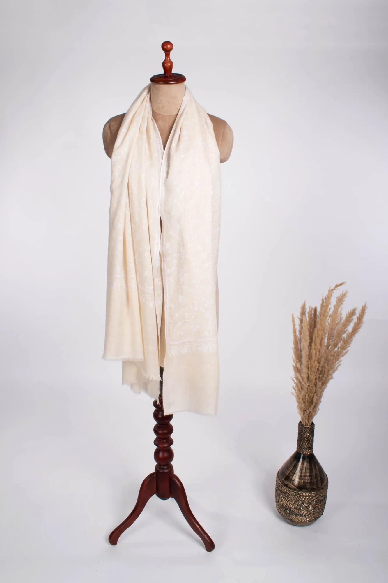 White with White Kashmiri Pashmina Shawl - AJO