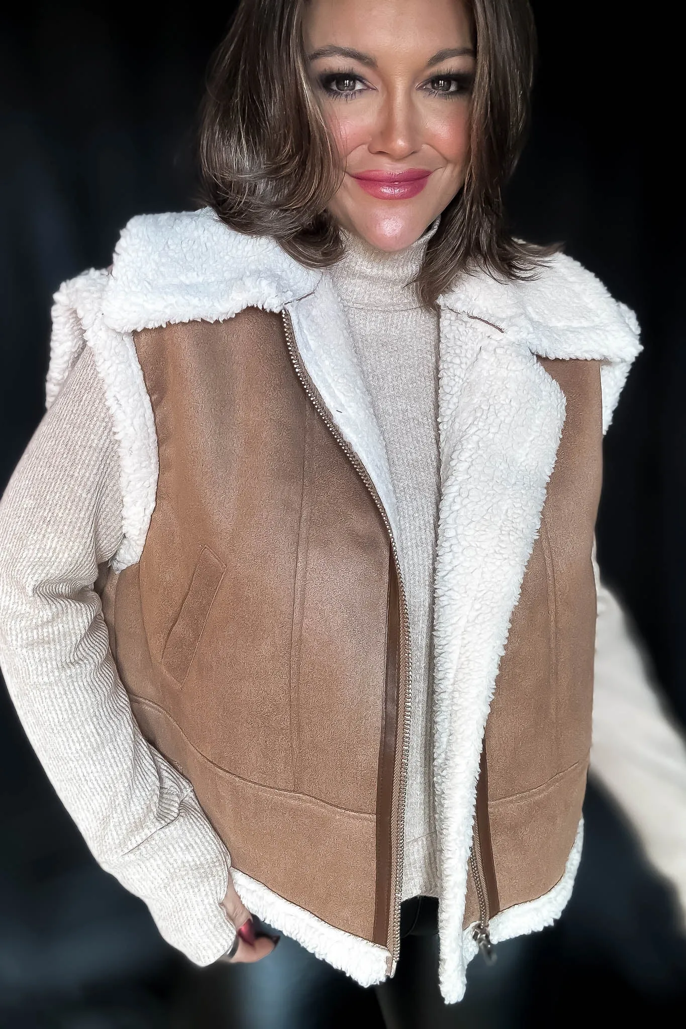 Wrap Up In Warmth Tan Fur-Contrast Zippered Suede Vest