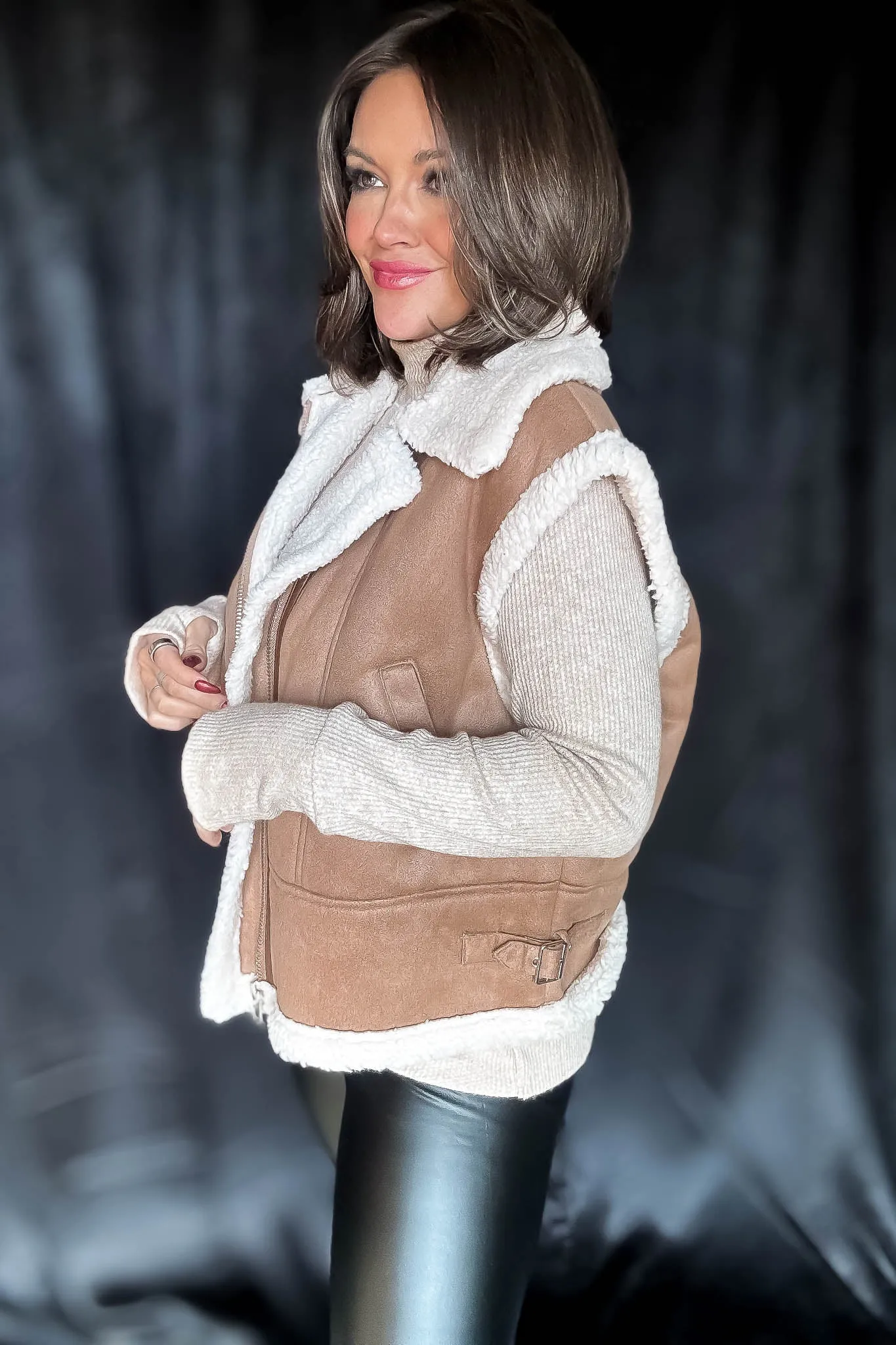 Wrap Up In Warmth Tan Fur-Contrast Zippered Suede Vest