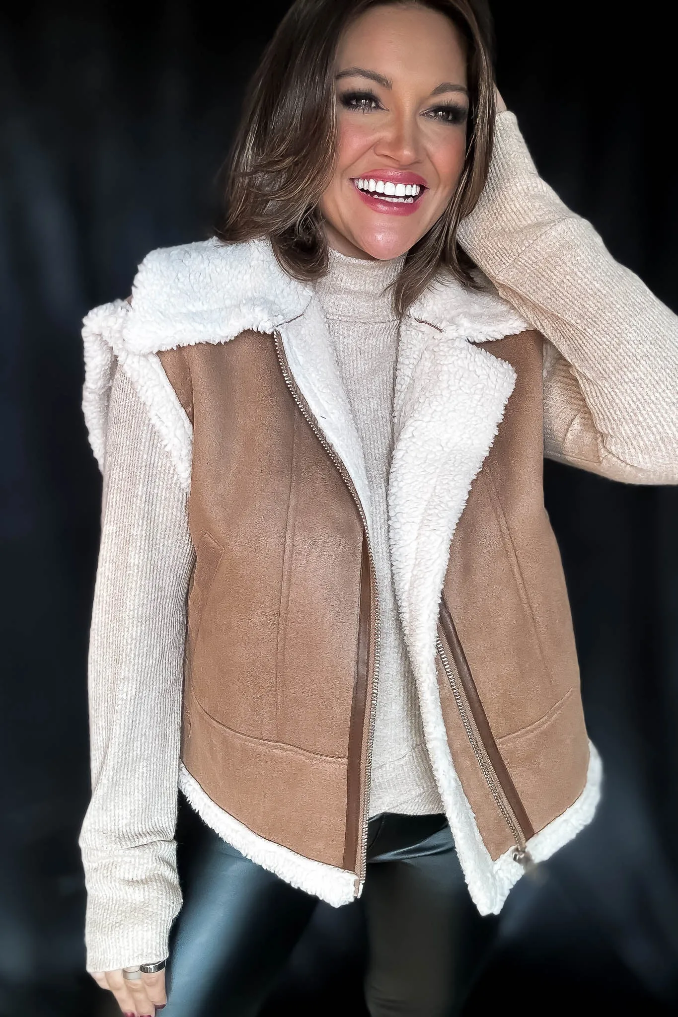 Wrap Up In Warmth Tan Fur-Contrast Zippered Suede Vest