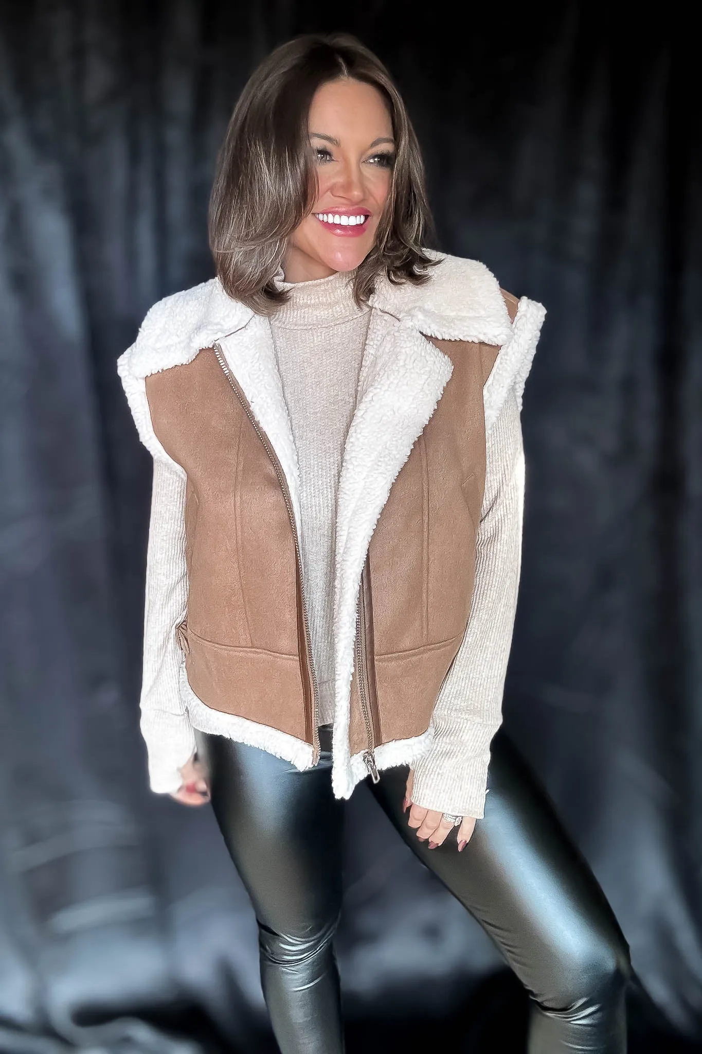 Wrap Up In Warmth Tan Fur-Contrast Zippered Suede Vest