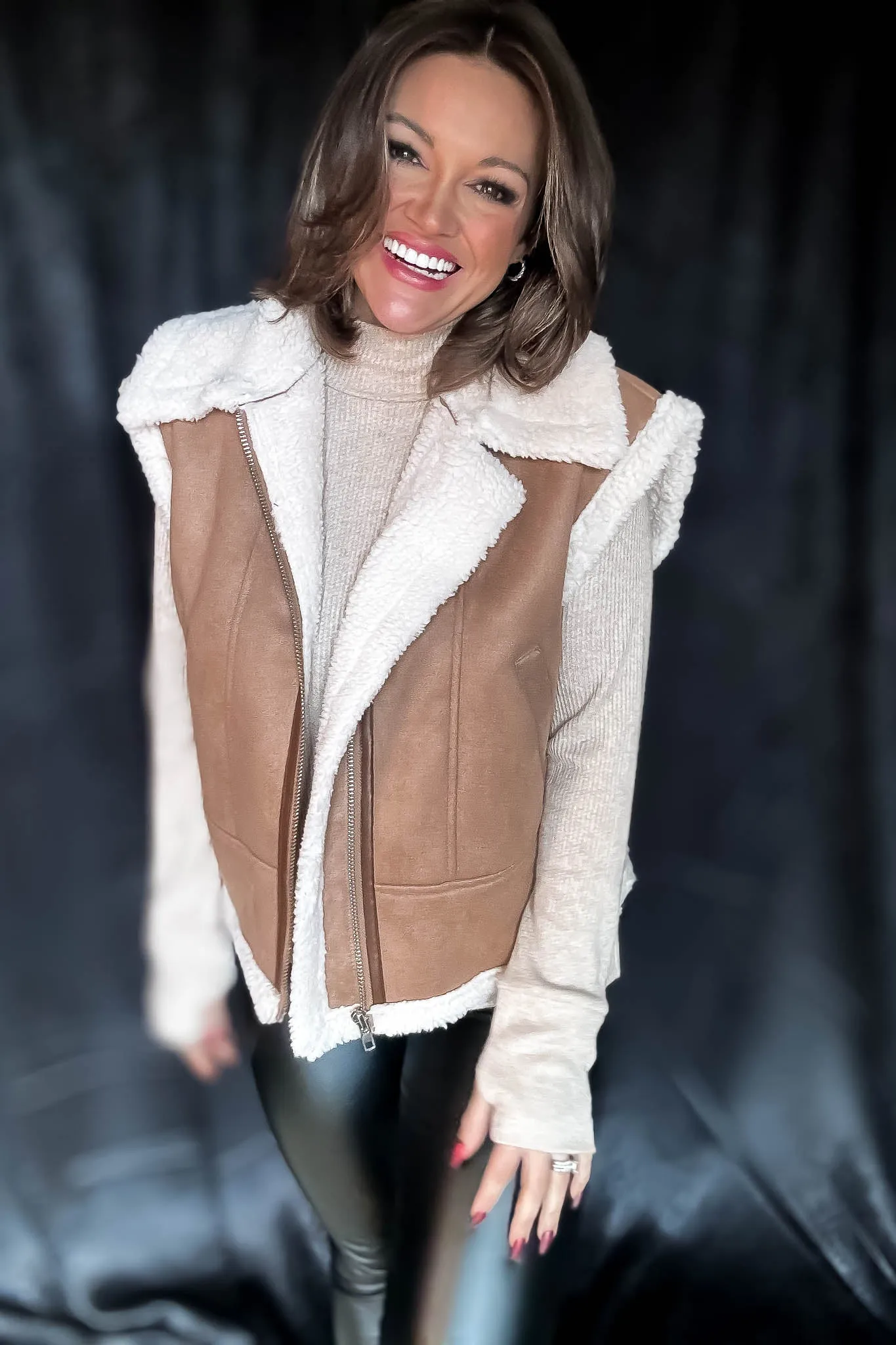 Wrap Up In Warmth Tan Fur-Contrast Zippered Suede Vest