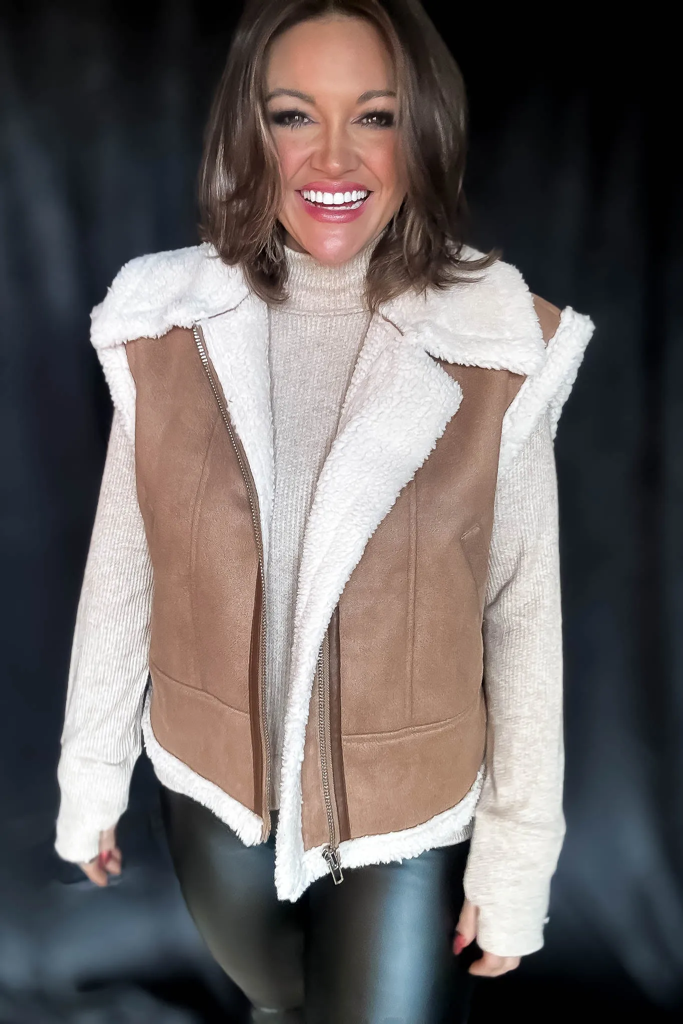 Wrap Up In Warmth Tan Fur-Contrast Zippered Suede Vest