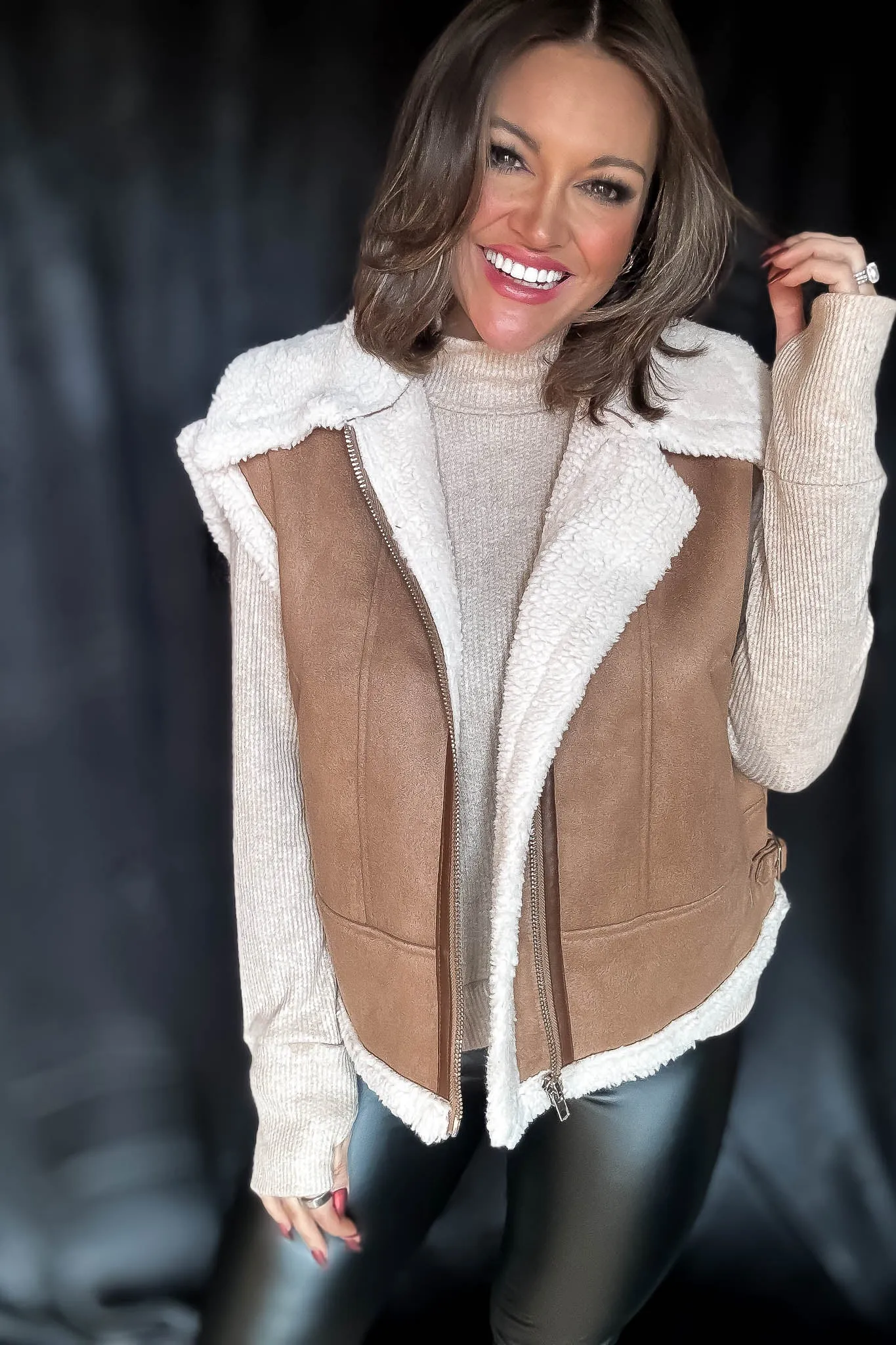 Wrap Up In Warmth Tan Fur-Contrast Zippered Suede Vest